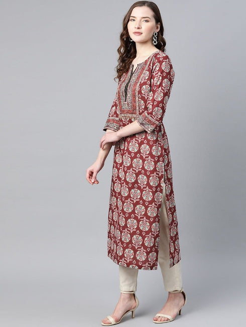 Women Burgundy Pure Cotton Printed A Line Kurta